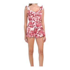 Japna Women’s Romper White/Red Linen Ruffle Floral Open‎ Back Tie, Size Medium